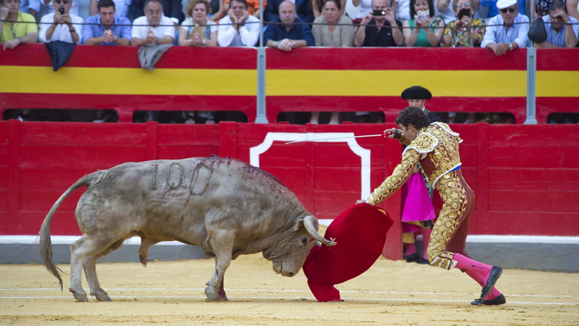 El diestro José Tomás entra a matar a su primer toro