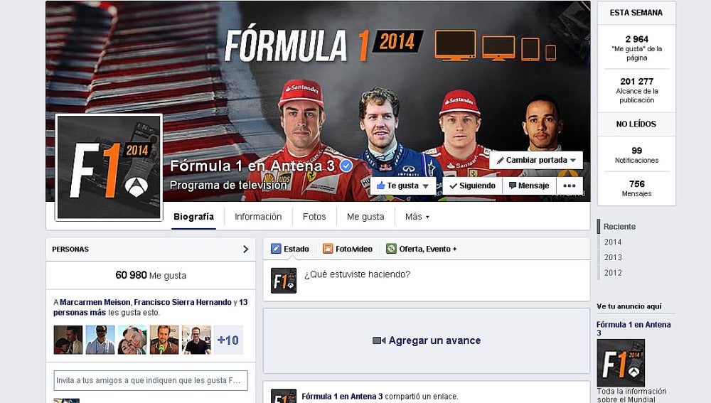 Perfil de Facebook de Fórmula 1 en Antena 3.