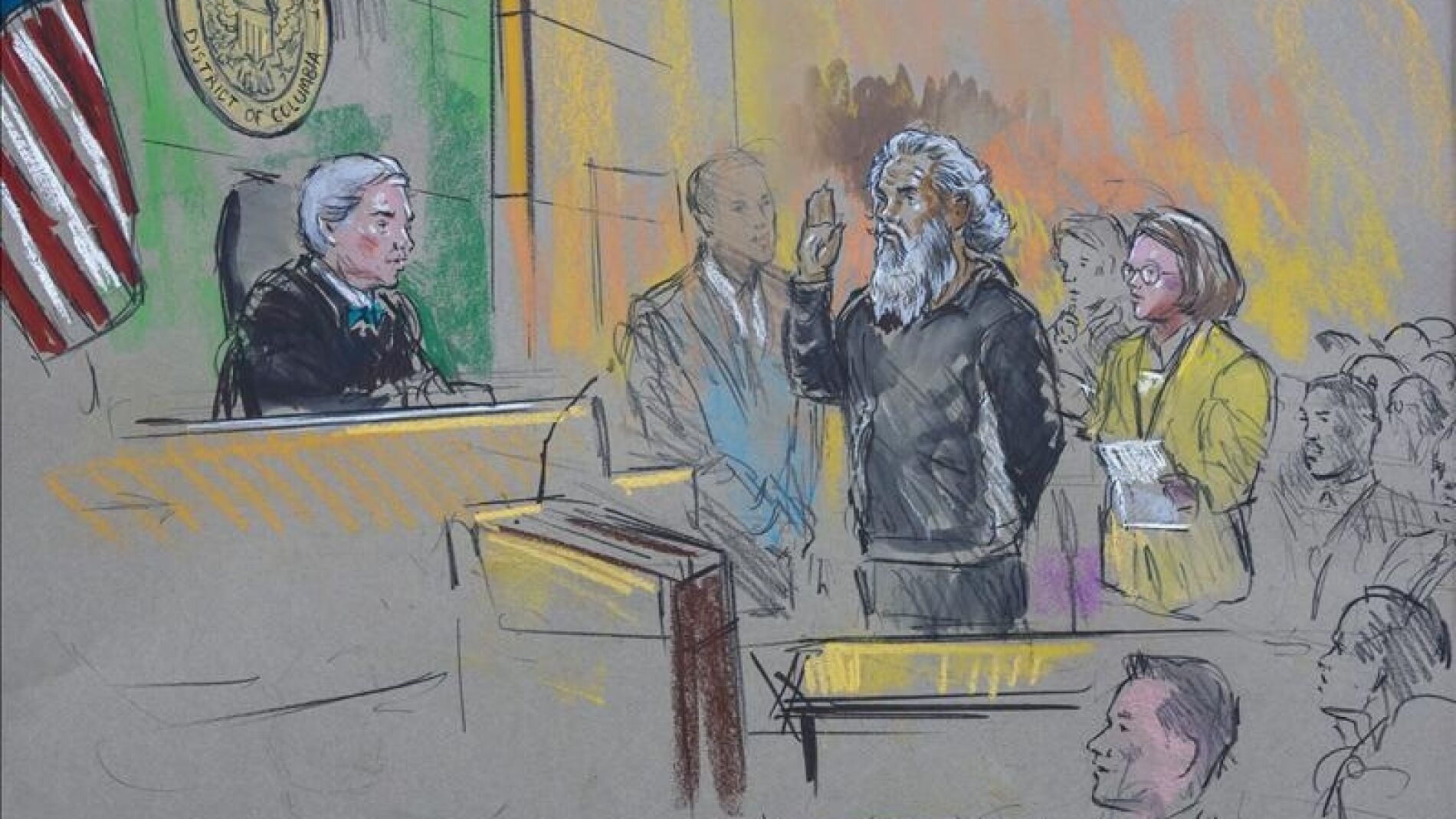Un dibujo de la audiencia judicial de Ahmed Abu Khattala