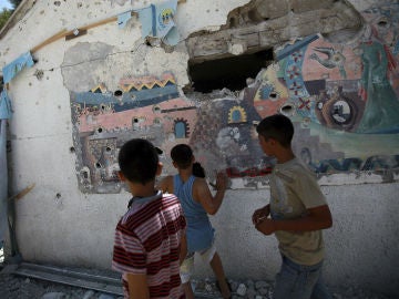 Parte de una escuela de la ONU bombardeada en Gaza