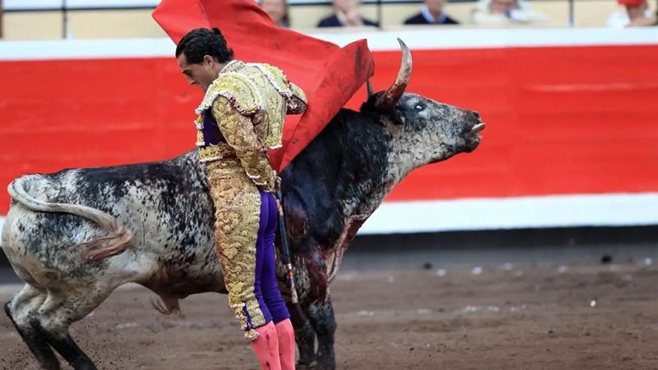 El diestro Iván Fandiño da un pase con la muleta al segundo de su lote