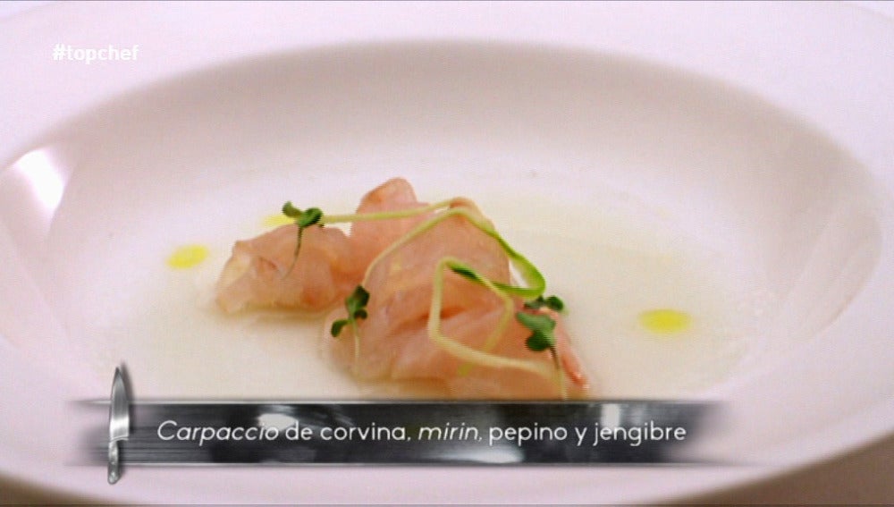 Carpaccio de corvina, pepino, mirin y jengibre
