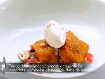 Torrija de regaliz con cremoso y cruijente de chocolate Torrija de regaliz con cremoso y cruijente de chocolate