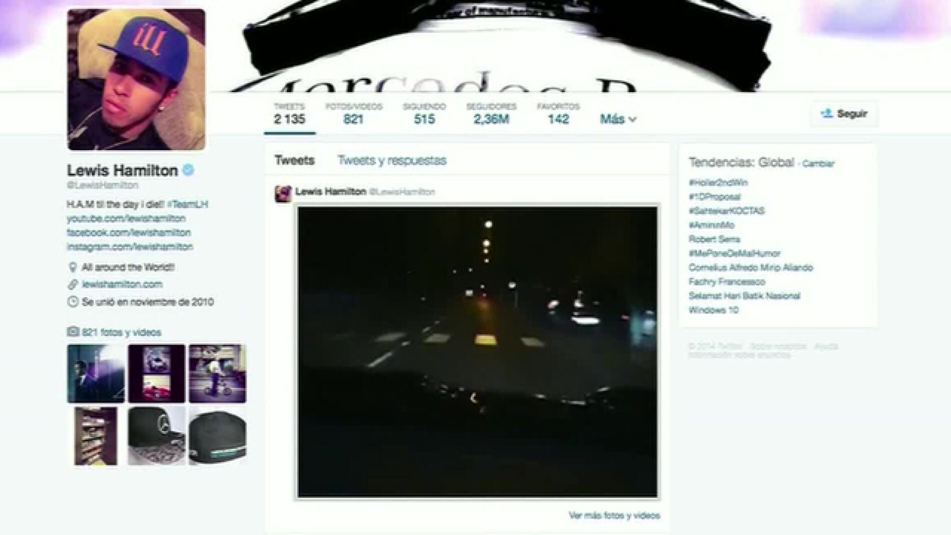 V&iacute;deo subido por Hamilton en su perfil de una red social