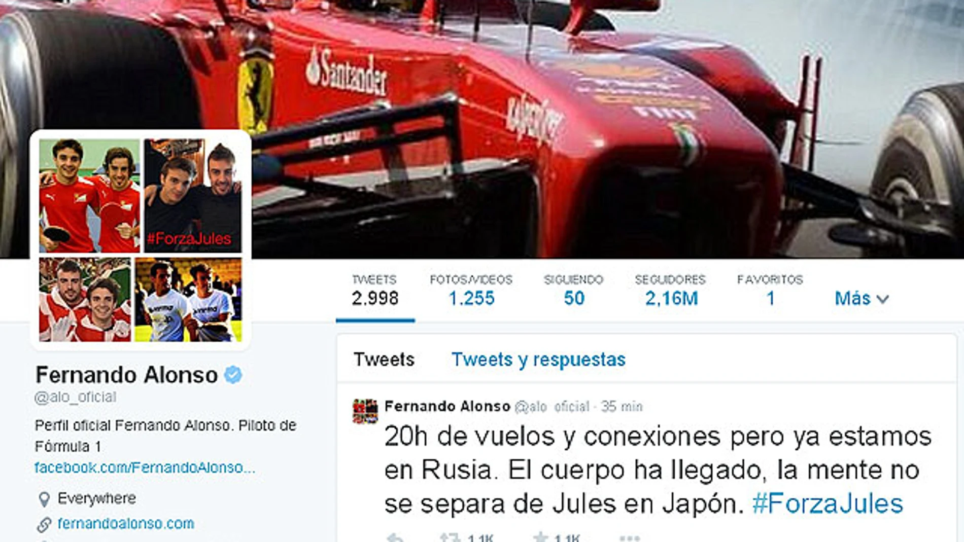 Alonso manda ánimo a Bianchi en su cuenta de Twitter