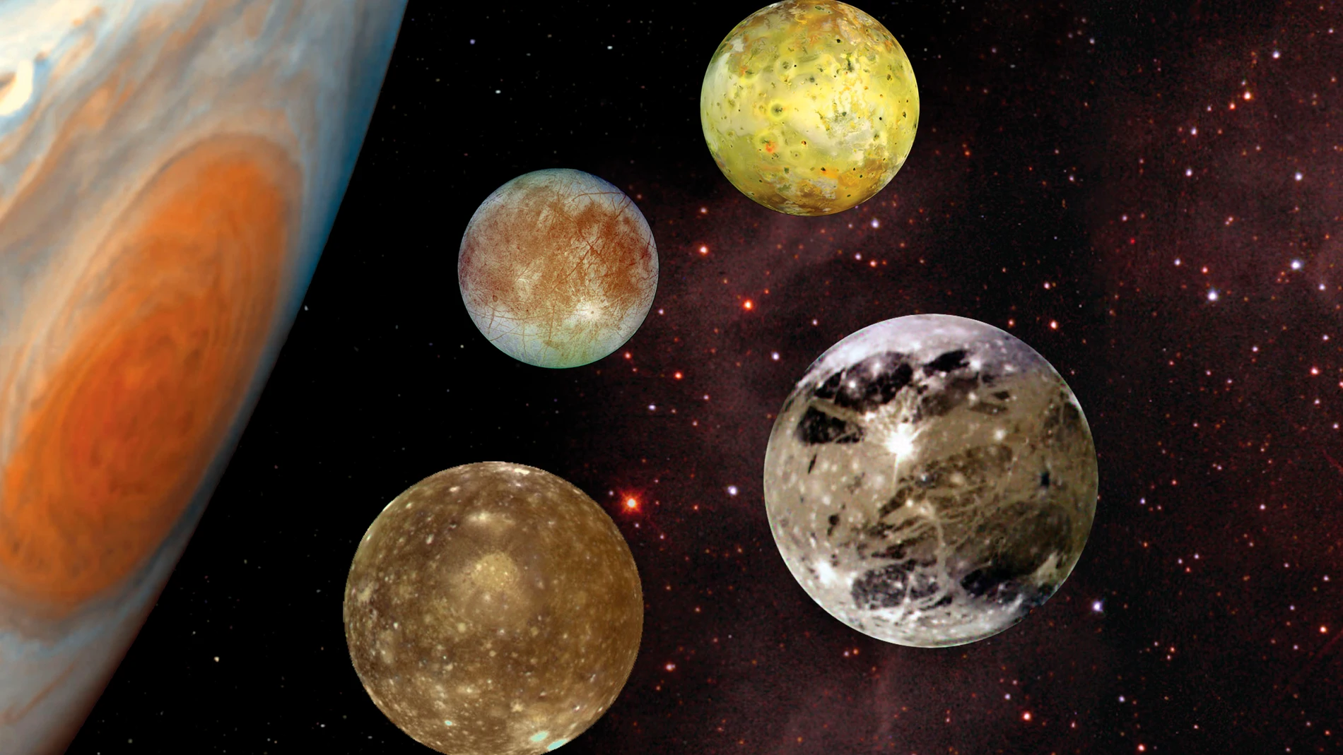 Las cuatro lunas más grandes de Júpiter (Io, Europa, Ganymede y Callisto) son conocidas como los satélites de Galileo Las cuatro lunas más grandes de Júpiter (Io, Europa, Ganymede y Callisto) son conocidas como los satélites de Galileo