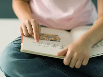 Una niña lee un libro de texto. Una niña lee un libro de texto.