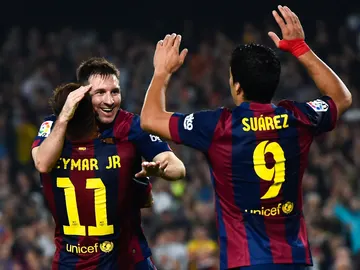 Messi, Neymar y Luis Suárez celebran un gol del Barcelona Messi, Neymar y Luis Suárez celebran un gol del Barcelona