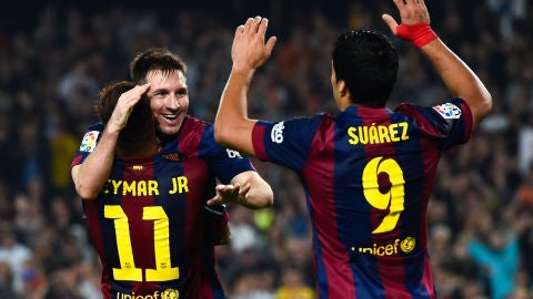 Messi, Neymar y Luis Su&aacute;rez celebran un gol del Barcelona