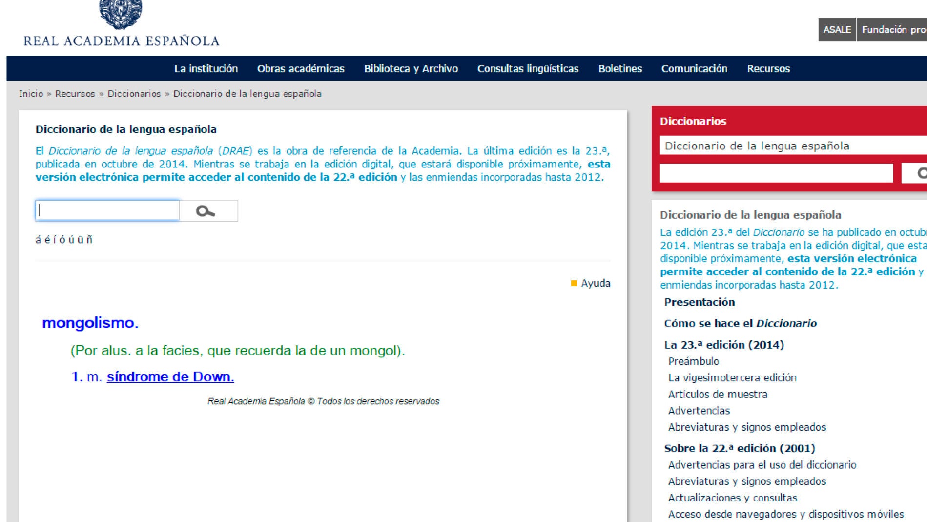 P&aacute;gina web de la RAE