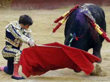 El diestro Julián López 'El Juli' da un pase de rodillas. El diestro Julián López 'El Juli' da un pase de rodillas.