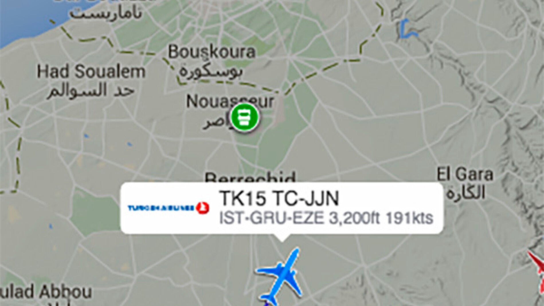 Mapa de la ruta a&eacute;rea del vuelo de Turkish Airlines.