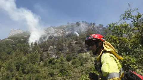 Profesional trabajando en la extinción del incendio de Alicante Profesional trabajando en la extinción del incendio de Alicante