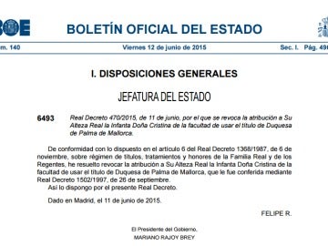 El BOE recoge la revocación del título de Duquesa de Palma a Doña Cristina