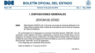 El BOE recoge la revocación del título de Duquesa de Palma a la Infanta Cristina