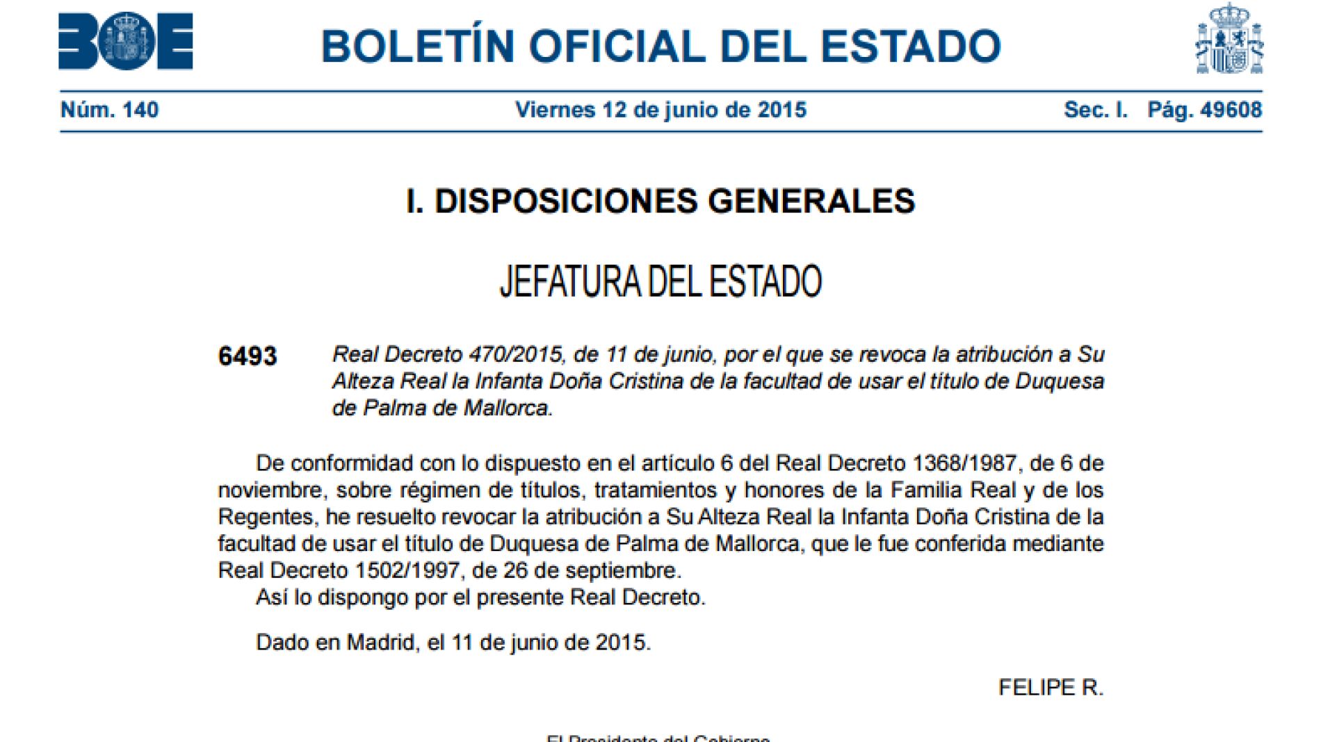 El BOE recoge la revocaci&oacute;n del t&iacute;tulo de Duquesa de Palma a Do&ntilde;a Cristina