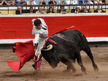 El diestro Juan del Álamo en la faena a su primer toro en la Feria del Bilbao El diestro Juan del Álamo en la faena a su primer toro en la Feria del Bilbao