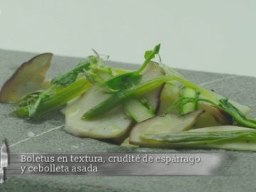 Boletus en textura, crudité de espárrago y cebolleta asada