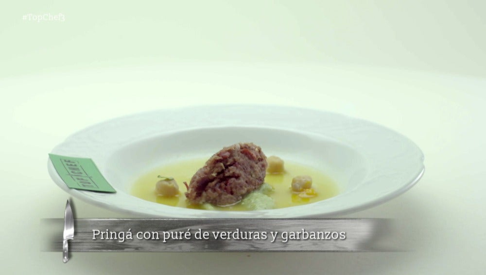 Pringá con puré de verduras y garbanzos