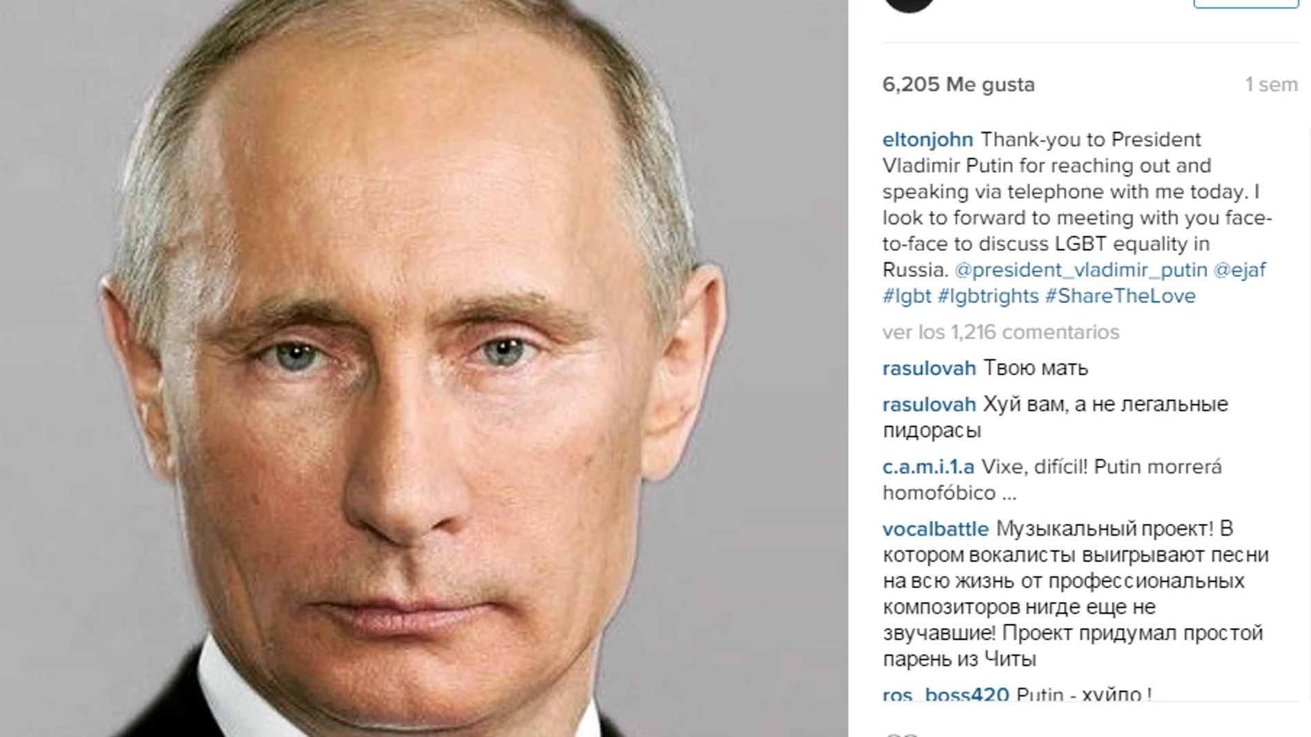 Instagram de Elton John agradeciendo la supuesta llamada de Putin Instagram de Elton John agradeciendo la supuesta llamada de Putin