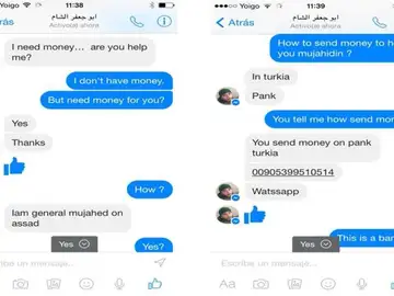 Conversación de Facebook en la que un yihadista pide dinero Conversación de Facebook en la que un yihadista pide dinero