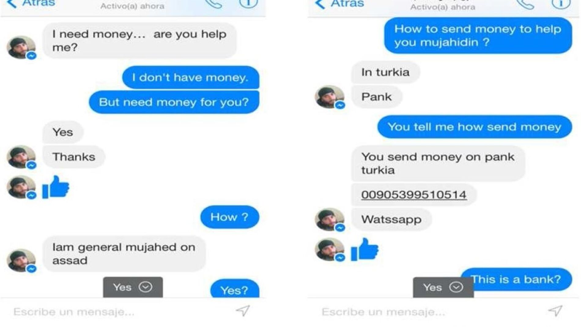 Conversaci&oacute;n de Facebook en la que un yihadista pide dinero