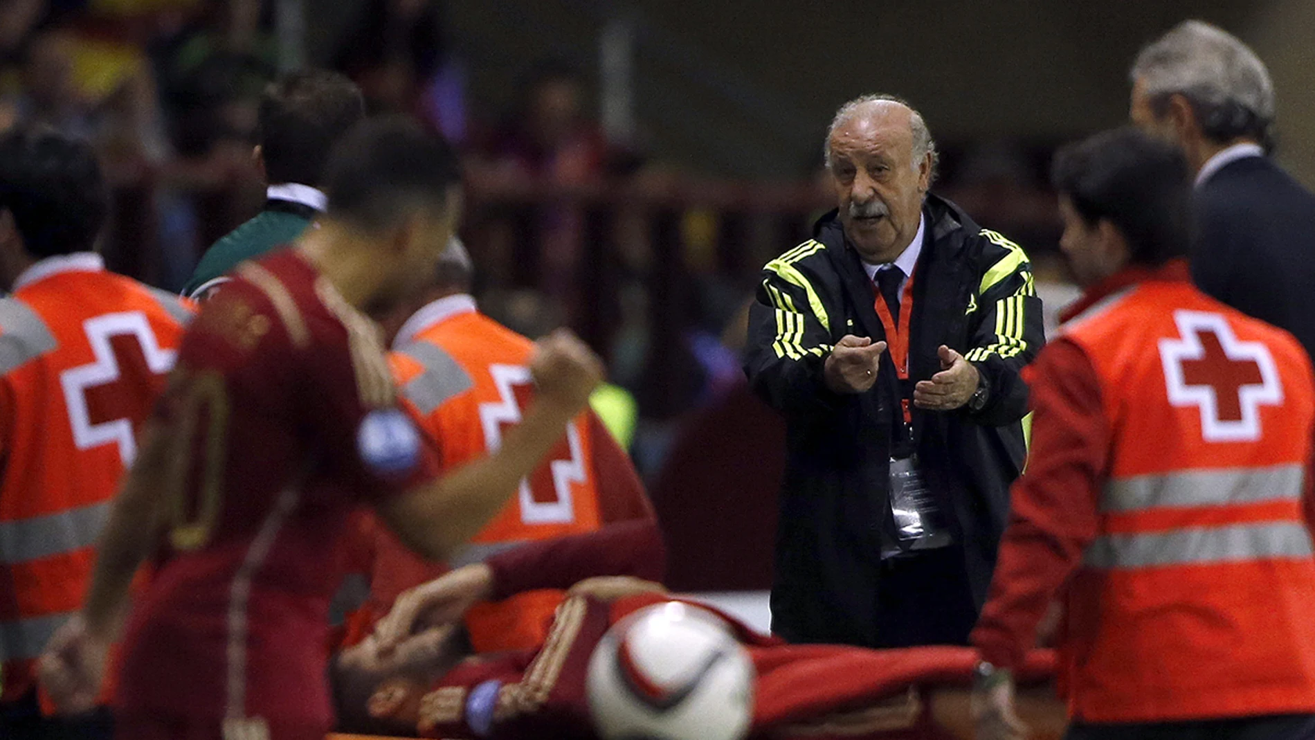 Vicente del Bosque observa cómo retiran a Morata en camilla Vicente del Bosque observa cómo retiran a Morata en camilla