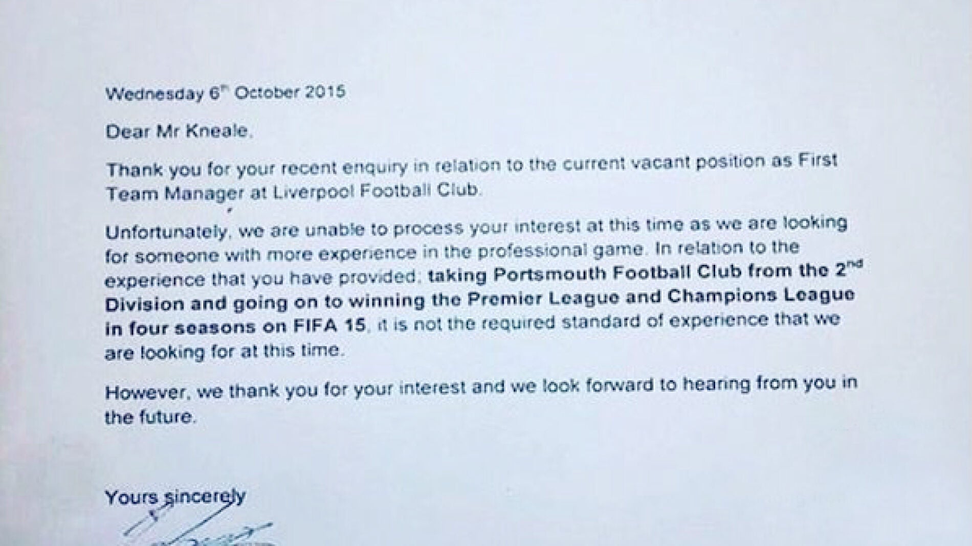 Carta del Liverpool a su seguidor