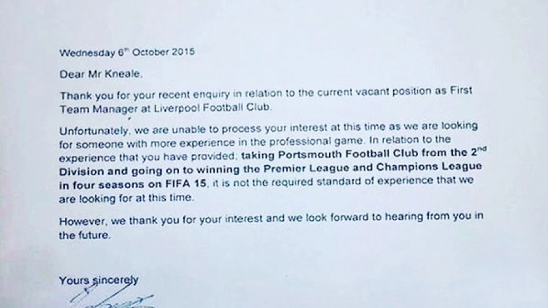 Carta del Liverpool a su seguidor Carta del Liverpool a su seguidor