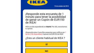 Timo que simula que Ikea dará 150 euros a quién dé sus datos