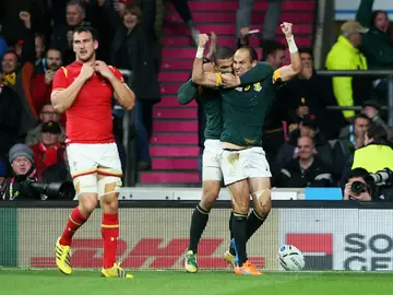 Fourie Du Preez celebra su decisivo ensayo ante el gales Warbuton Fourie Du Preez celebra su decisivo ensayo ante el gales Warbuton
