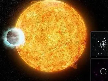 Representación de un astro siendo engullido por una estrella. Representación de un astro siendo engullido por una estrella.