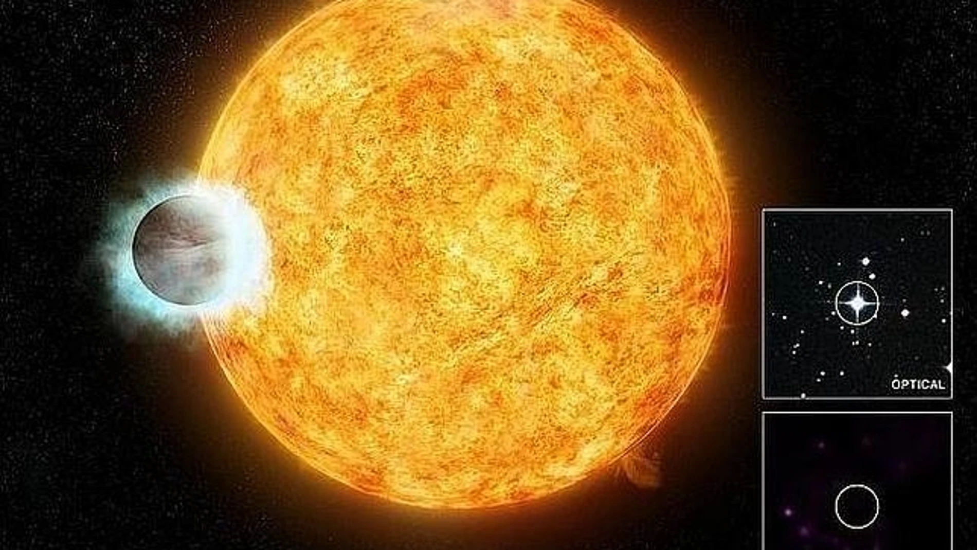 Representación de un astro siendo engullido por una estrella. Representación de un astro siendo engullido por una estrella.