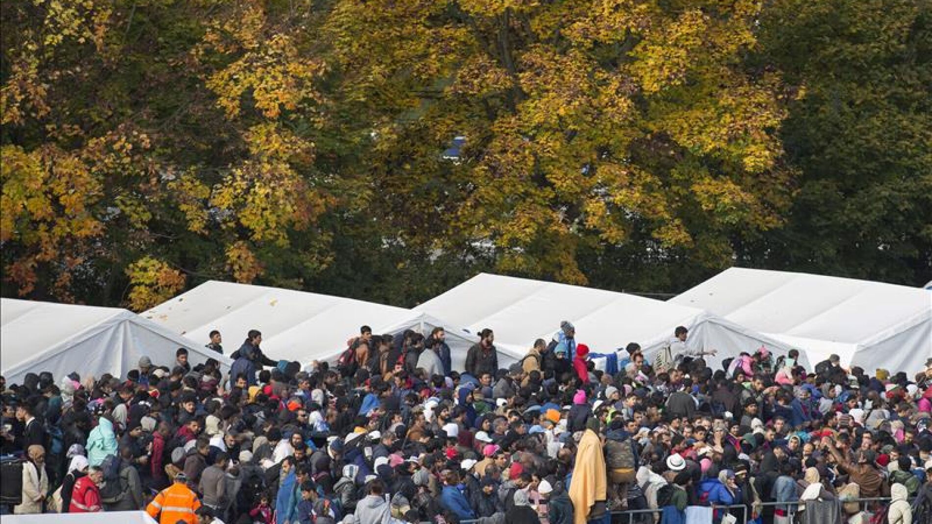 Refugiados esperan para cruzar la frontera con Austria en Spielfeld (Eslovenia)
