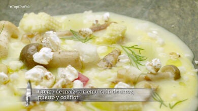 Crema de maíz dulce, coliflor y emulsión de arroz y puerro