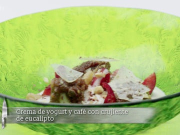 Crema de yogurt y café con crujiente de eucalipto
