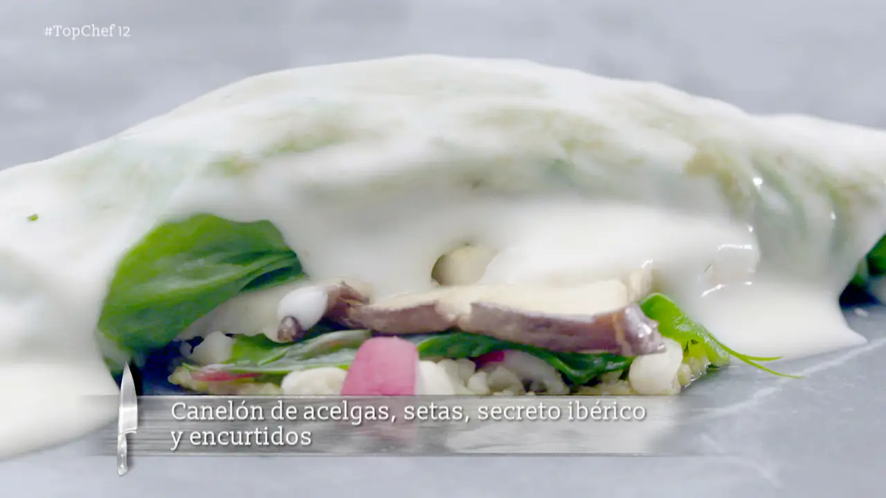 Canelón de acelgas, setas, secreto ibérico y encurtidos