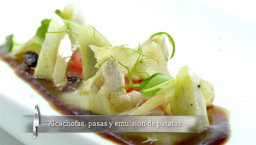 Alcachofas, pasas y emulsión de patatas