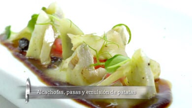 Alcachofas, crema de pasas y oloroso