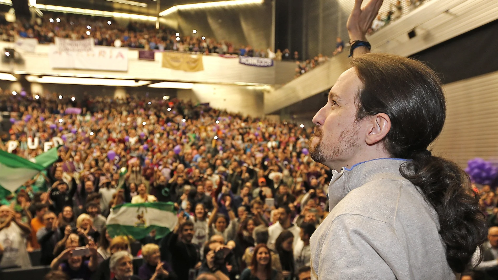 Pablo Iglesias, líder de Podemos, durante el mitin que ha celebrado en Sevilla