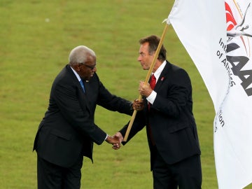 Lamine Diack en la gala inaugural del Mundial de Atletismo de Pekín 2015