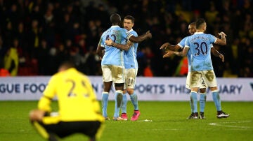 Los jugadores del Manchester City celebran un gol frente a los del Watford