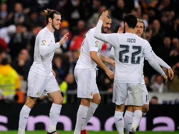 Los jugadores del Real Madrid festejan un tanto Los jugadores del Real Madrid festejan un tanto