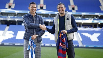 Cordialidad en el encuentro entre Galca y Luis Enrique antes del derbi de Copa