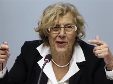 Manuela Carmena durante el encuentro que ha mantenido con la prensa