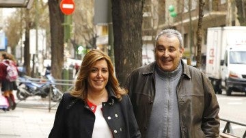 Susana Díaz, a su llegada a la sede del PSOE en la calle Ferraz de Madrid