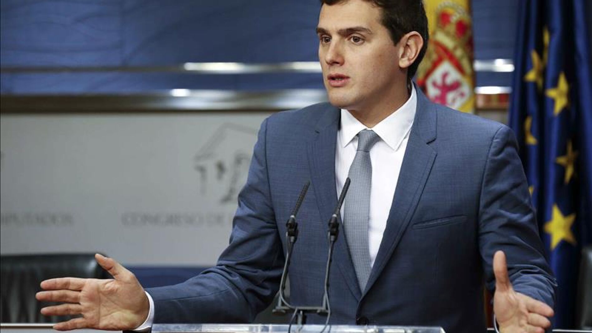 El presidente de Ciudadanos, Albert Rivera, durante la rueda de prensa