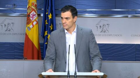 Pedro S&aacute;nchez, durante la rueda de prensa tras su encuentro con Pablo Iglesias