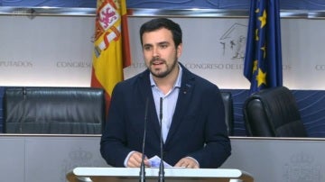 Alberto Garzón, durante la reunión en el Congreso de los Diputados
