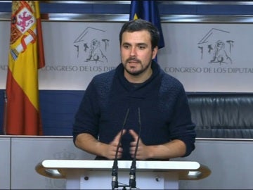 Alberto Garzón, durante un rueda de prensa en el Congreso de los Diputados